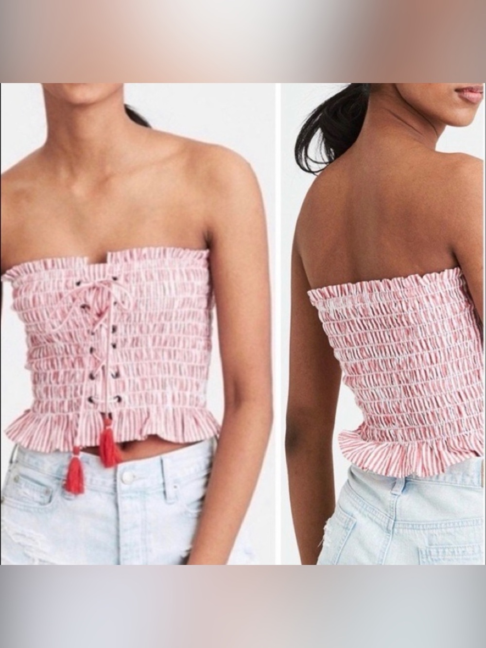 American Eagle Outfitters red and white Smocked Lace-Up Strapless Crop Top
